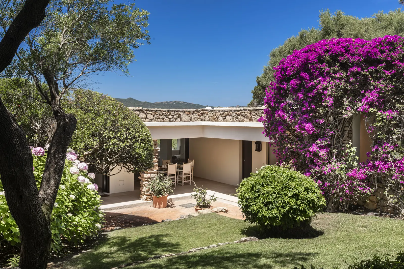 Bouganville in fiore davanti al patio della villa